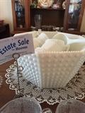 Unique hobnail milk glass punch bowl, cups, ladle