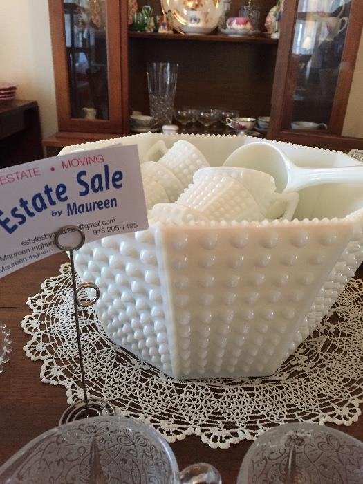 Unique hobnail milk glass punch bowl, cups, ladle