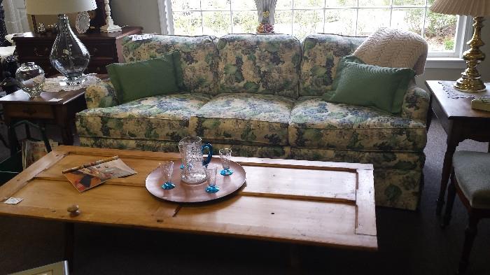 Super cool door transformed to coffee table and full Ethan Allen Sofa, perfect condition with Hydrangea print