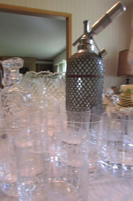 Antique mesh wrapped Glass Seltzer Bottle Made in England