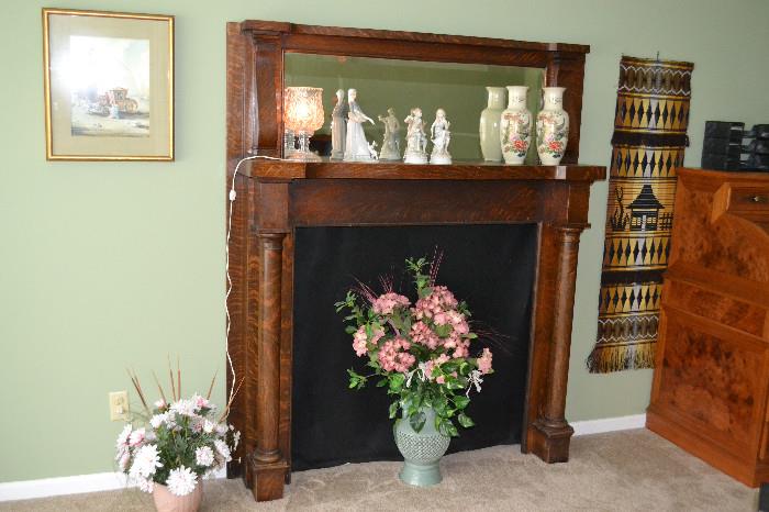 Antique tiger maple fireplace surround and mirrored mantel, ready to move to your beautiful home