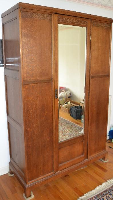 Antique Maple Armoire with mirror door and hanging clothes bar inside