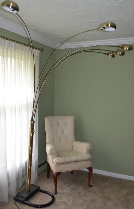 Retro Arched 5 Arm Chrome Floor Lamp, Cream Upholstered Wing Back Chair