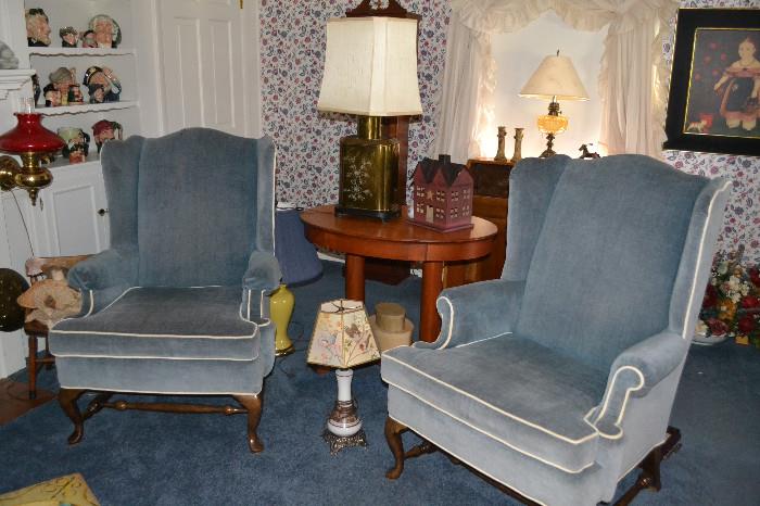 Beautifully upholstered Blue Velour with piping, Wing Back Chairs