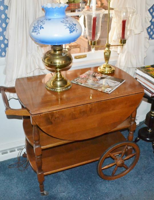 Ethan Allen Tea Cart, Gone with the Wind Hand Painted Glass and Brass Lamps, Brass Candlesticks