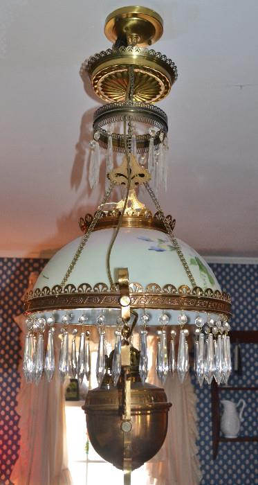 American Brass and Hand Painted Glass with Crystal Prism Chandelier