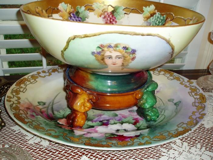 Antique Limoges Hand Painted Punch Bowl w/ Stand Circa 1904