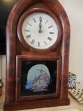 Vintage Regulator Mantel Clock.Hand Painted Scene on Glass