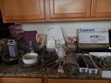 Cusinart 2 Qt Sauce Pan/Box, Utensils, Gadgets, Pyrex Pie Plates, Cook Books, Pyrex Glass Measuring Cups