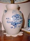 Rowe Pottery lamp with blue floral design on salt glaze.