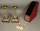 Lot 3:  4pc MACKENZIE CHILDS Courtly Check Decorative Items. Pr  Tall Ceramic Candlesticks. One check magazine file.  Hand decorated enamel with faux-leather trim. NIB Coasters. Each candlestick retails for $225. Magazine file is 12"H x 4.5" x 10.5": Dimensions:  H: 10 inches: W: 5 inches: D: 5 inches --- US Shipping charge: $35