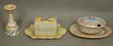 Lot 11:  Lot MACKENZIE CHILDS Hand Painted Ceramics. 1). Candlestick "Brighton Park" . 2). Lidded Butter Dish 1996. 3). Lidded Server with underplate. : Dimensions:  H: 7 inches: W: 4 inches: D: 4 inches --- US Shipping charge: $50