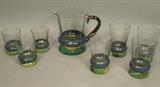 Lot 16:  Lot 8pcs MACKENZIE CHILDS Painted Glassware. One Pitcher. Set 4 5"H Tumblers. Set 3 small 3.75" Tumblers. Painted double foot. Marked. : Dimensions:  H: 6.75 inches: W: 7.75 inches --- US Shipping charge: $50