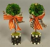 Lot 21:  Pr Mini MACKENZIE CHILDS Topiary Trees. Courtly Check. Lots of ribbons on real preserved boxwood  topiary trees. Hand painted courtly check vessel. Marked. : Dimensions:  H: 8 inches --- US Shipping charge: $20