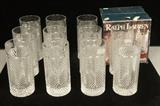 Lot 28:  11 RALPH LAUREN Glasses. Herringbone pattern. Eleven highball glasses including 4 in box. Each holds 17 fl ozs. : Dimensions:  H: 6.25 inches --- US Shipping charge: $50
