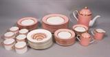 Lot 30:  47pc Set FITZ & FLOYD “Renaissance”  China Service. Teapot, sugar, creamer. Dessert Service for 6 with extras. Coral pink rims with gold highlights. : Dimensions:   --- 