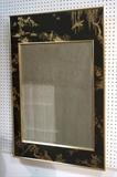 Lot 31:  LaBarge Eglomise Mirror. Black Ground with Gold Asian design. Beveled mirror. Gold tone trim. : Dimensions:  H: 42 inches: W: 28.5 inches --- 