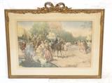 Lot 36:  Colored Antique Aquatint. Park Scene with revelers at fountain with swan. V. De Parenes. Decorative frame with bow & garland. : Dimensions:  Image Size: H: 19 inches: W: 29 inches --- 