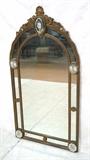 Lot 37:  Antique Arched Top Mirror. Etched mirror medallions. Carved wood frame. : Dimensions:  H: 55 inches: W: 29.5 inches --- 