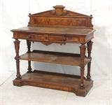 Lot 39:  Carved Oak Victorian Buffet Server. Two drawers . Two lower shelves. Two part back splash with carved elements. : Dimensions:  H: 51 inches: W: 48 inches: D: 20.5 inches --- 