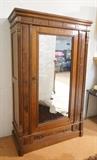 Lot 43:  Antique Victorian Mirror Door Wardrobe. Burl wood elements with some small carved elements. : Dimensions:  H: 82.5 inches: W: 49.5 inches: D: 22 inches --- 