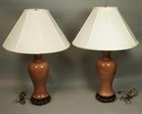 Lot 44:  Pair of Asian Style PAUL HANSON lamps. Signed with remnants of foil labels.: Dimensions:  H: 30 inches: W: 6 inches: D: 6 inches --- 