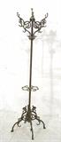 Lot 48:  Large Antique Brass Standing Coat Hat Rack. Six fancy arms. Four legs with dragon elements. Umbrella Stand. : Dimensions:  H: 73.5 inches: W: 22.5 inches: D: 22.5 inches --- 