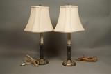 Lot 49:  Pr English Silver Plate on Copper Candlestick Lamps. Acorn Finials. Marked England.: Dimensions:  H: 21.5 inches --- 