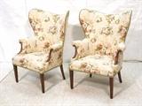 Lot 52:  Pr Upholstered Wing Chairs. Floral fabric. Wood legs with wood arms. Tufted back. Metal studs. : Dimensions:  H: 43.5 inches: W: 31.5 inches: D: 25 inches --- 