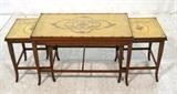 Lot 60:  3pc Nesting Tables. Adam style paint decorated. Two small tables nest under large coffee table. All have wood beaded trim. Largest table has scalloped lip rim. : Dimensions:  H: 19 inches: W: 30.5 inches: D: 17.5 inches --- 