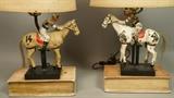 Lot 73:  Pr Vintage Horse & Book Lamps. Painted Jointed Horse Figures on book style base. Horses are jointed with riders. : Dimensions:  H: 20.5 inches: W: 8.5 inches: D: 6 inches --- 