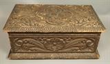 Lot 76:  Primitive carved wood box casket. Hinged lid. : Dimensions:  H: 9.5 inches: W: 21.5 inches: D: 13 inches --- 