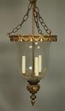 Lot 82:  Glass And Brass Hanging Pendant Light Fixture. Chandelier. Three lights. : Dimensions:  H: 30 inches: W: 12 inches --- 