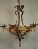 Lot 83:  Antique Black Iron & Brass Hanging Pendant Light Chandelier. Five arms. : Dimensions:  H: 22 inches: W: 22 inches: D: 22 inches --- 