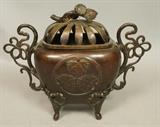 Lot 103:  Bronze Chinese Incenser. Elaborate decorative handles. Pierced petal top. Fancy feet. : Dimensions:  H: 8 inches: W: 9.5 inches: D: 5 inches --- US Shipping charge: $20
