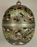 Lot 104:  Large Champleve Enamel Metal Pierced Vessel. Ovoid shape. Enamel dragons and phoenixes.  : Dimensions:  H: 13 inches: W: 10 inches --- US Shipping charge: $35