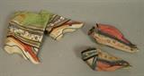 Lot 108:  Two Pair Antique Chinese Bound Foot Shoes. Embroidered fabric,  One shoe has tall ankle detail.: Dimensions:  H: 5.5 inches: W: 4.5 inches: D: 2 inches --- US Shipping charge: $20