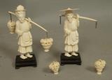 Lot 110:  Pr Carved Natural Figure carrying Flower Baskets. Man & female on wood stands. : Dimensions:  H: 5 inches --- US Shipping charge: $35