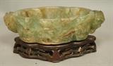 Lot 114:  Carved Flourite Low Bowl. Asian. Chines. Carved wood base. : Dimensions:  H: 3.75 inches: W: 8.25 inches: D: 5.5 inches --- US Shipping charge: $35