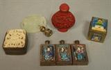 Lot 133:  5pc Asian Lot. Three snuff bottles hinged together; enamel decorated Enamel decorated brass stamp box. carved bone & Brass box. Carved Red Lacquer cinnabar snuff bottle; marked. Carved stone finial. some pieces marked China: Dimensions:  H: 3 inches --- US Shipping charge: $20