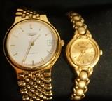 Lot 134:  2 Gold Tone Watches. LONGINES La Grande Classiques with large white face and date. PULSAR Ladies Watch. : Dimensions:   --- US Shipping charge: $10