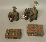 Lot 143:  Lot Ethnographic Items. Two KASHMIR Silver Boxes with Agate Details. Two Wood Elephants. Jeweled accents. : Dimensions:  H: 6 inches: W: 6 inches: D: 2.75 inches --- US Shipping charge: $20