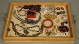 Lot 163:  Tray Lot Costume Jewelry. Harley Davidson Ring. LAGUNA Necklace & Bracelet.  NEPRO Alarm Clock Watch in case: Kent Cigarettes, etc. Beaded Necklaces. : Dimensions:   --- US Shipping charge: $20
