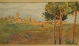 Lot 175:  A. HUGH FISHER Watercolor Landscape Painting. Signed. Townscape with Trees. : Dimensions:  Image Size: H: 5.5 inches: W: 10 inches --- 