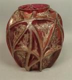 Lot 184:  PHOENIX GLASS style Red & Clear Relief Vase. Molded relief floral design in r: Dimensions:  H: 11 inches: W: 10.5 inches --- US Shipping charge: $20