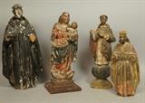 Lot 195:  4pc Religious Carved Wood Santos Figures. Polychromed gessoed figures.: Dimensions:  H: 13.5 inches: W: 6 inches: L:   inches --- US Shipping charge: $35