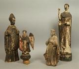 Lot 196:  4pc Religious Carved Wood Santos Figures. Polychromed gessoed figures. Small Angel. Tall Male Figure with Book. : Dimensions:  H: 16 inches: W: 4 inches: L:   inches --- US Shipping charge: $35