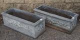 Lot 204:  Pair of Henri Studio Cement Garden boxes with floral decoration on sides.: Dimensions:  H: 10.5 inches: W: 29.5 inches: D: 12 inches --- 