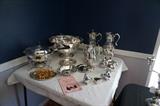 Silver plate punch bowl, coffee pots, cream & sugar, chaffing dish and more