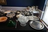Glass punch bowl and cups SOLD, silver plate trays, mixing bowls, cake plates  